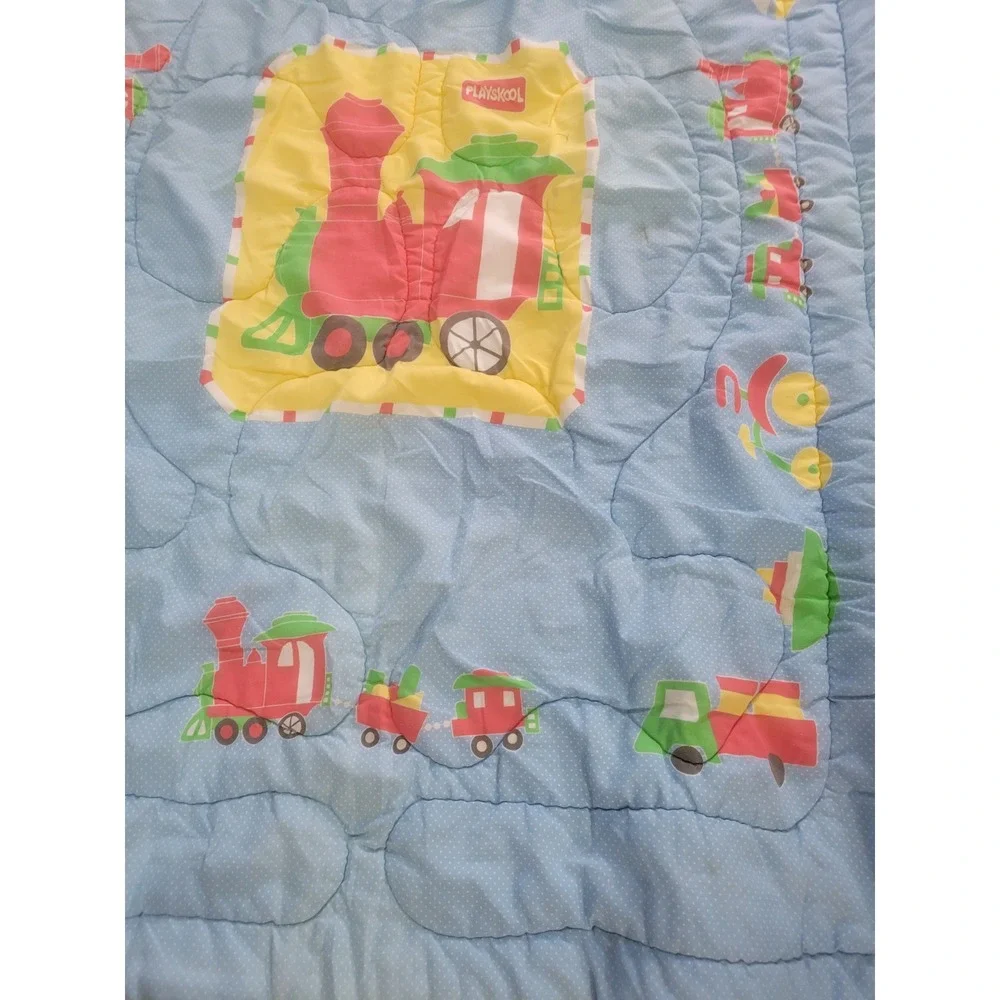 Vintage Playskool Quilted Baby Blanket Train Fire Truck full comforter 53x33
